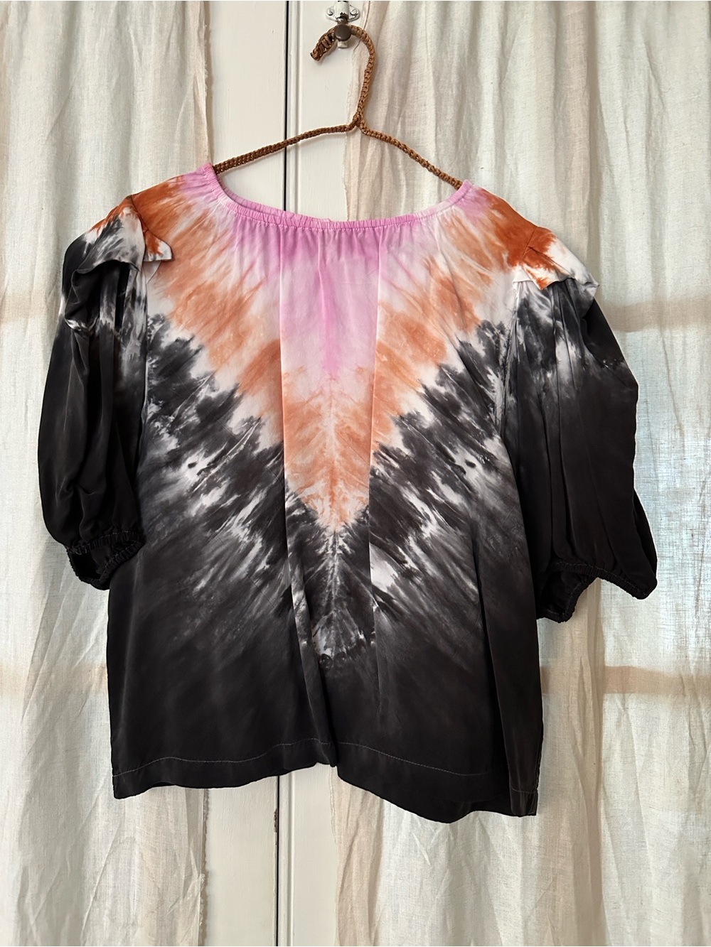 R. G Kane Tie-Dye Puff Sleeve Blouse - Pink, Orange & Black - small NWT